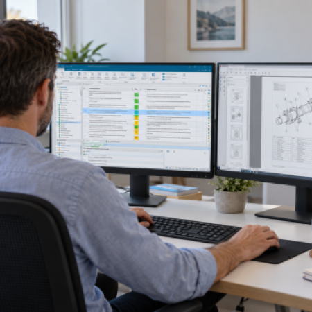 Translator at a dual-monitor translation desk